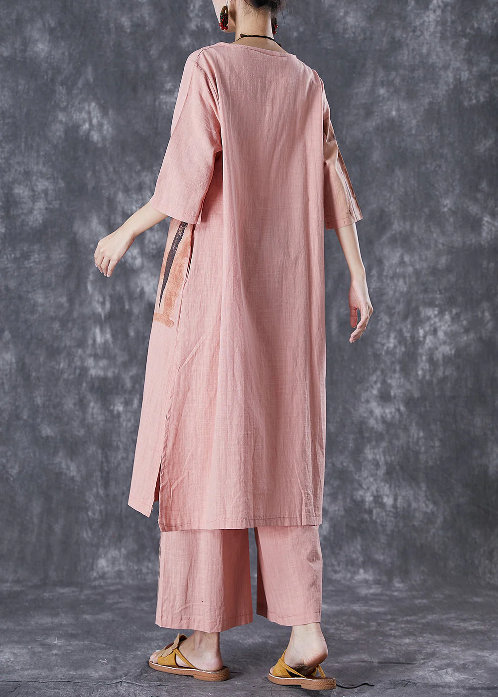 Brick Red Print Linen Dress And Pants Two Piece Set Outfits Side Open Summer - Image 4