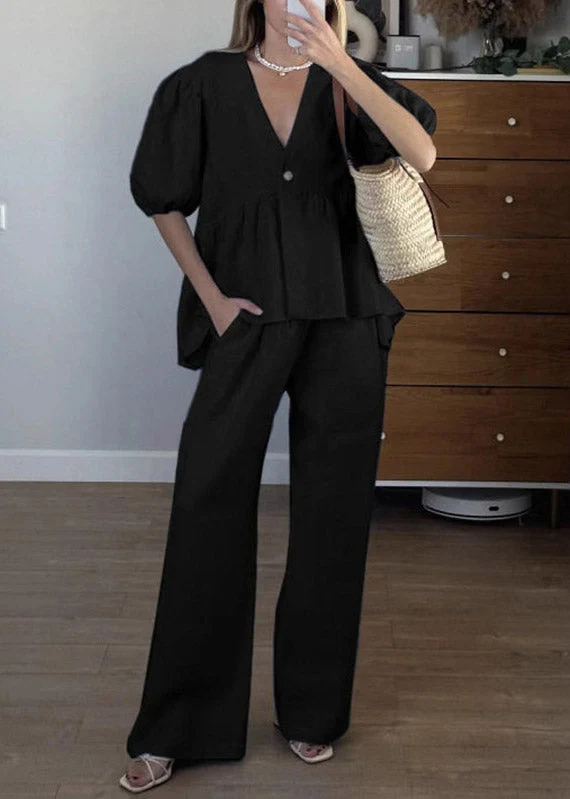 Brief Apricot V Neck Patchwork Shirts And Wide Leg Pants Two Pieces Set Summer - Image 3