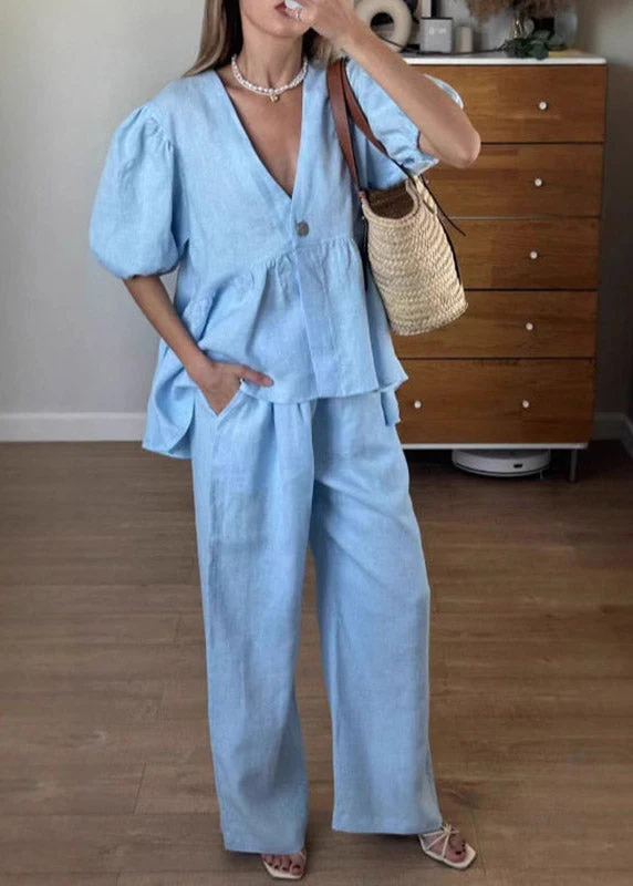 Brief Apricot V Neck Patchwork Shirts And Wide Leg Pants Two Pieces Set Summer - Image 4