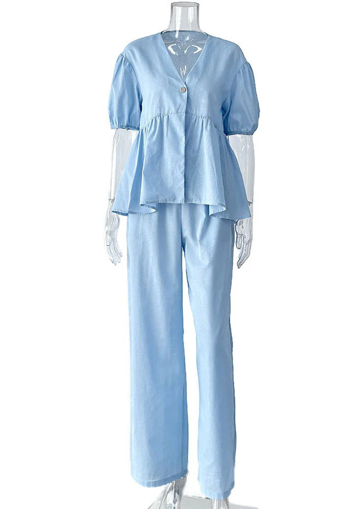 Brief Apricot V Neck Patchwork Shirts And Wide Leg Pants Two Pieces Set Summer - Image 5