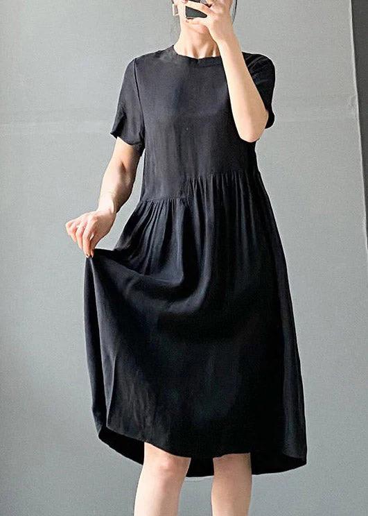 Brief Black flower O-Neck Patchwork cotton blend Dress Short Sleeve - Image 5