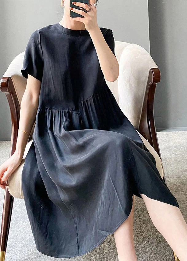 Brief Black flower O-Neck Patchwork cotton blend Dress Short Sleeve - Image 6