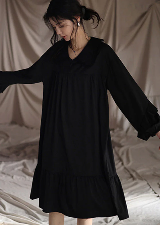 Brief Black Peter Pan Collar Patchwork Ice Silk Maxi Dress Spring - Image 2