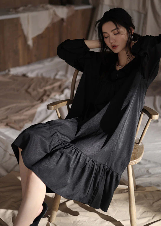 Brief Black Peter Pan Collar Patchwork Ice Silk Maxi Dress Spring - Image 3