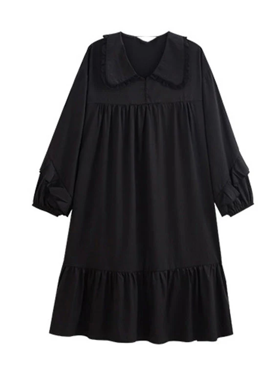 Brief Black Peter Pan Collar Patchwork Ice Silk Maxi Dress Spring - Image 5