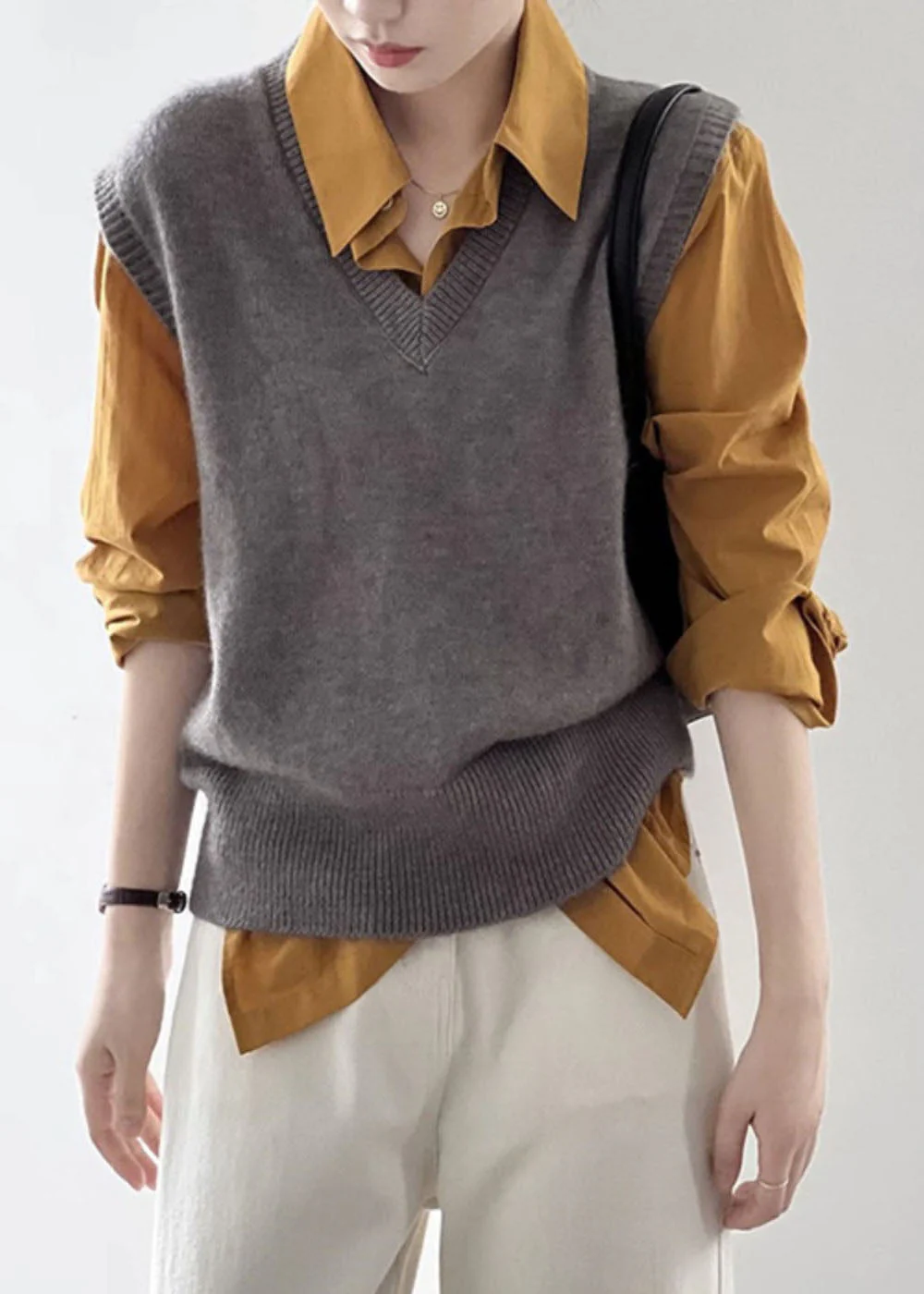 Brief Black V Neck Cozy Cotton Knit Waistcoat Spring - Image 2