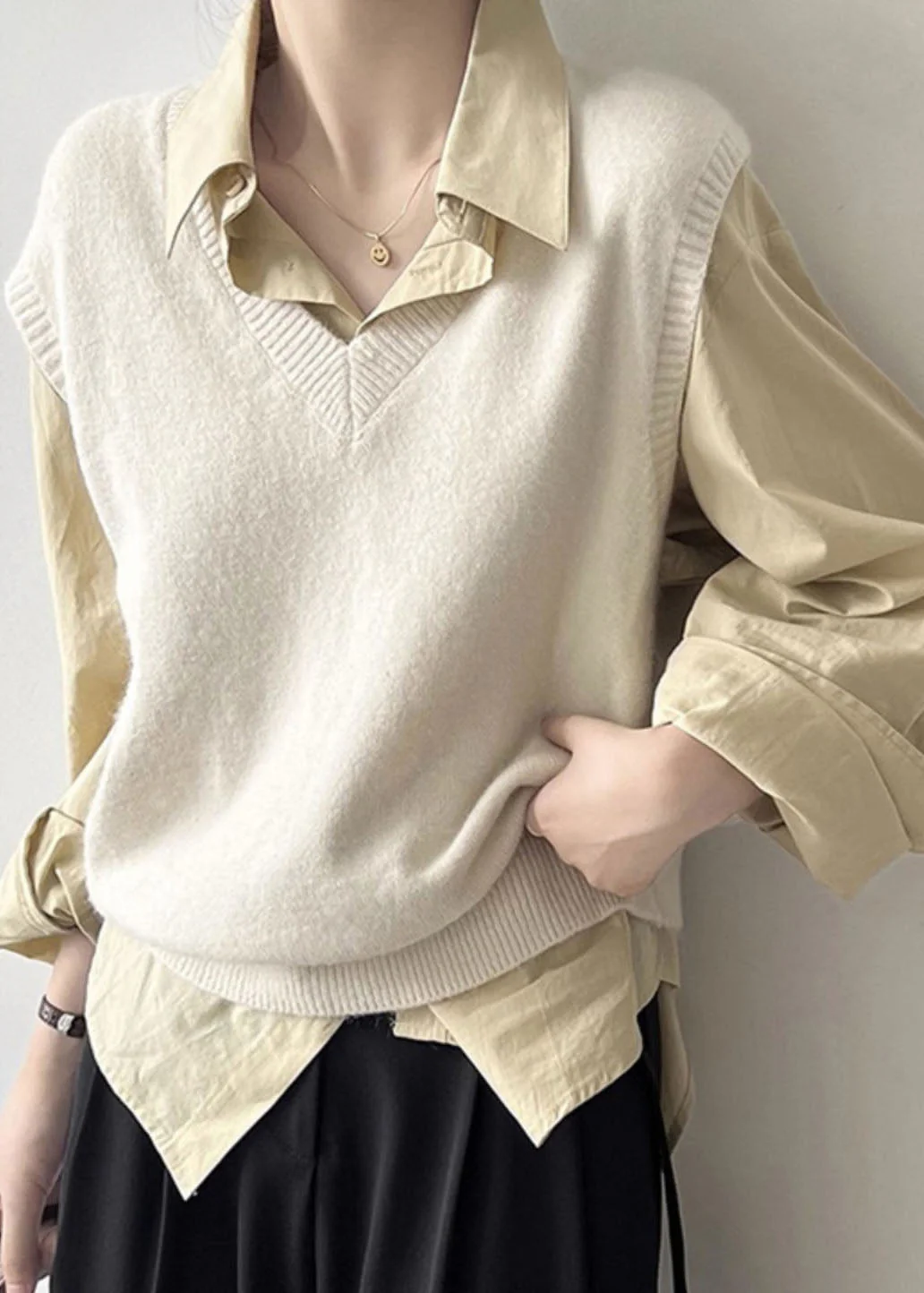 Brief Black V Neck Cozy Cotton Knit Waistcoat Spring - Image 3