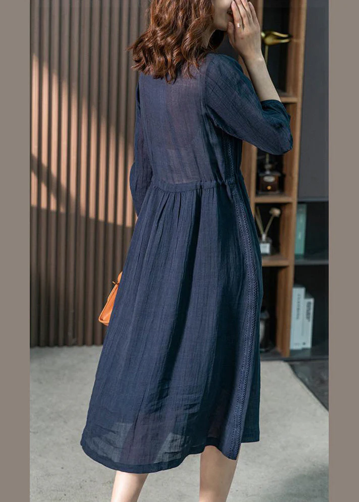Brief Blue O-Neck Lace Patchwork Tie Waist Linen Long Dresses Spring - Image 5