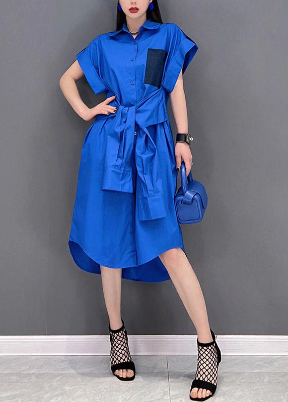 Brief Blue Peter Pan Collar Button Pockets Tie Waist Low High Design Dress Short Sleeve - Image 2