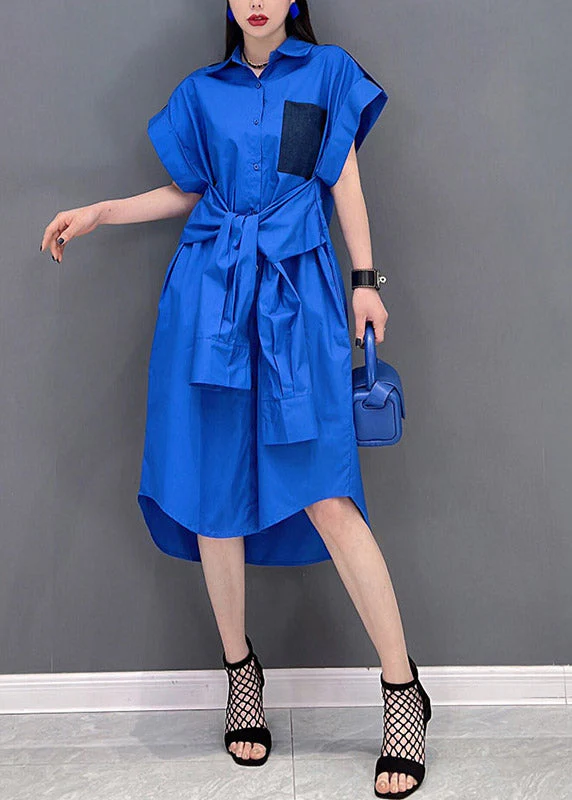 Brief Blue Peter Pan Collar Button Pockets Tie Waist Low High Design Dress Short Sleeve - Image 3