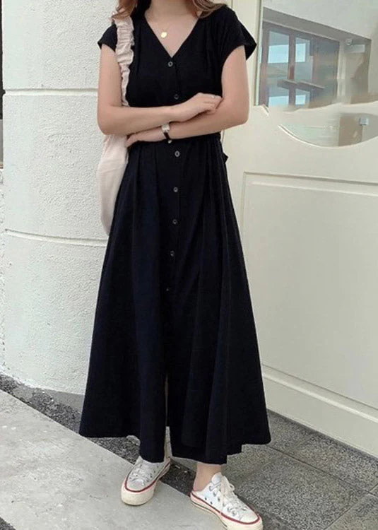 Brief Blue V Neck Tie Waist Button Solid Long Dress Short Sleeve - Image 2