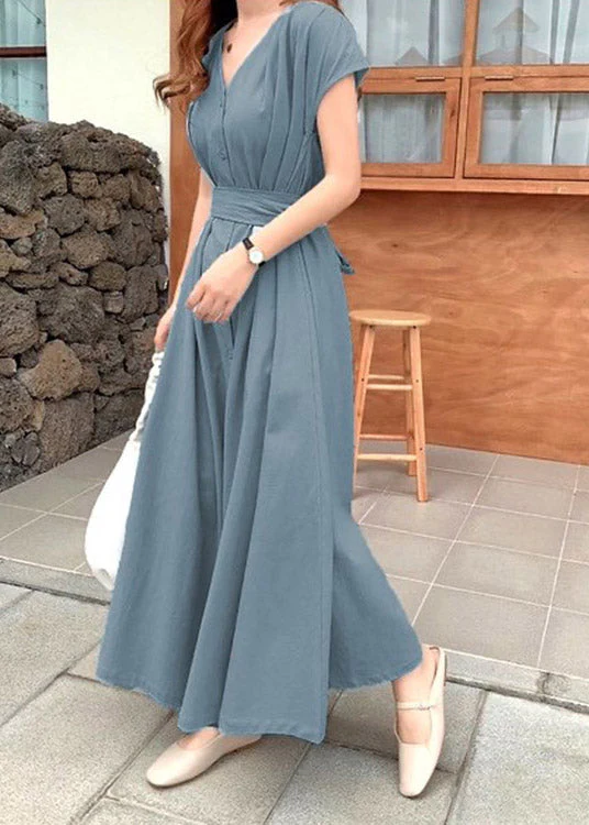 Brief Blue V Neck Tie Waist Button Solid Long Dress Short Sleeve - Image 3