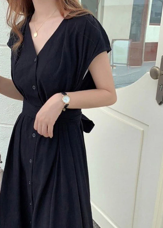 Brief Blue V Neck Tie Waist Button Solid Long Dress Short Sleeve - Image 4