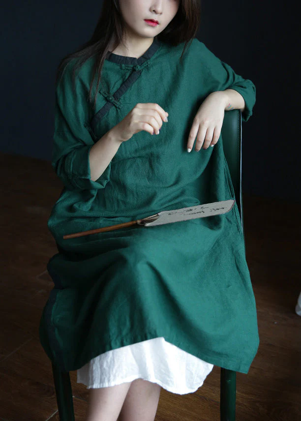 Brief Green O-Neck Button Maxi Dresses Spring - Image 2