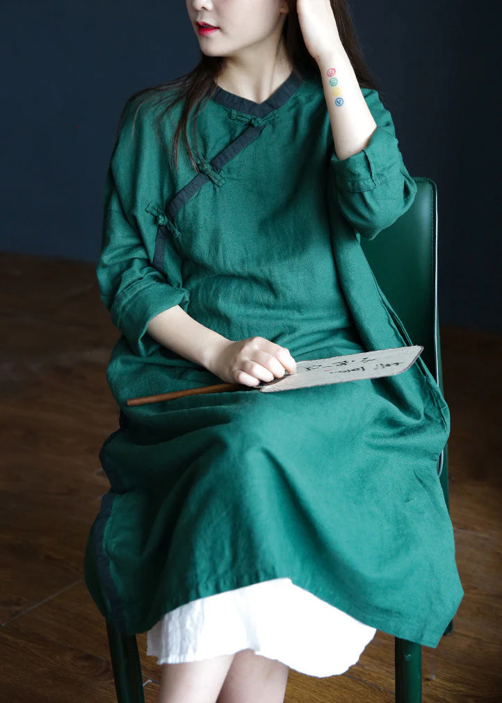 Brief Green O-Neck Button Maxi Dresses Spring - Image 3
