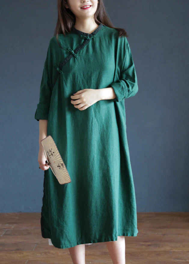 Brief Green O-Neck Button Maxi Dresses Spring - Image 4
