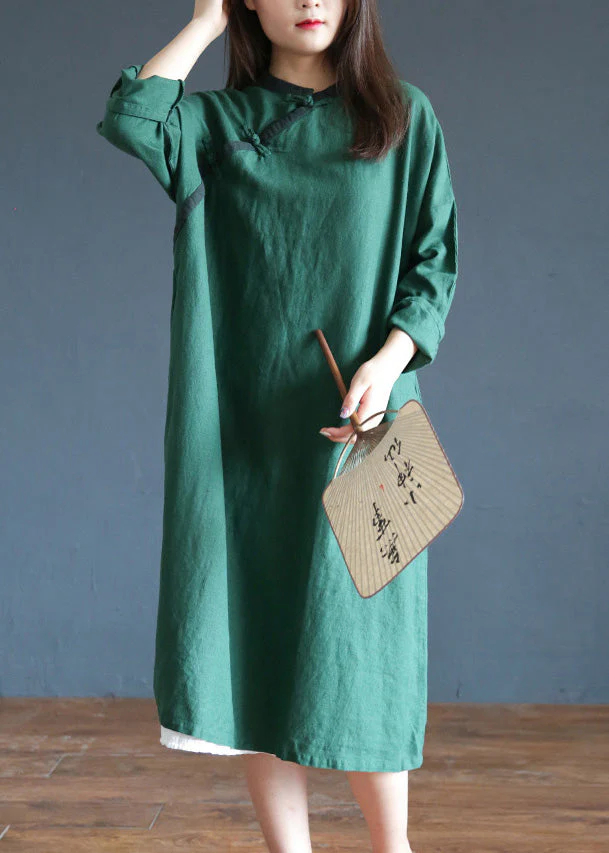 Brief Green O-Neck Button Maxi Dresses Spring - Image 5