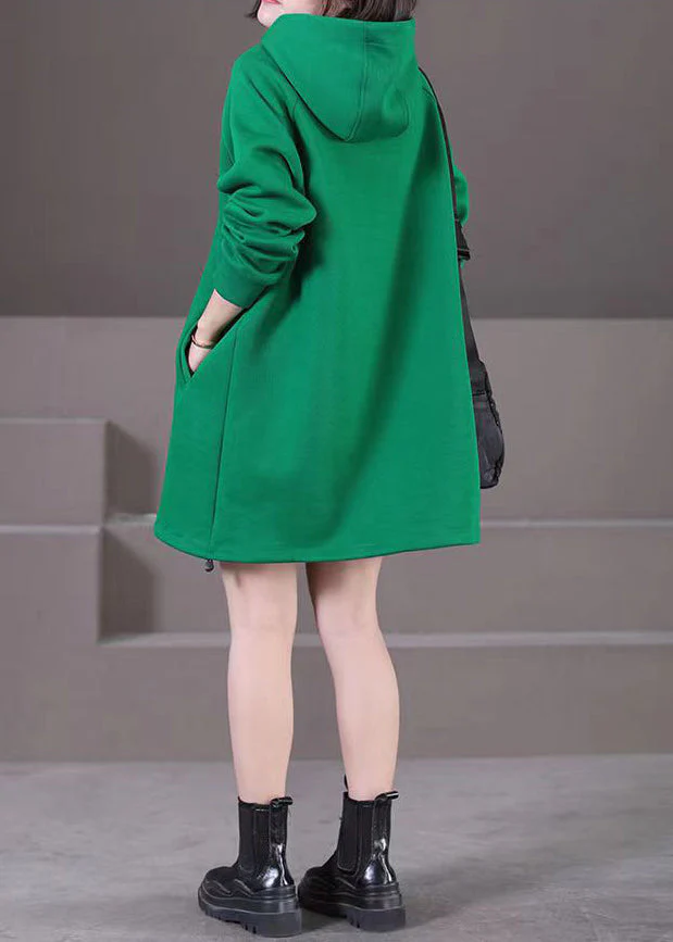 Brief Green Patchwork Button Hooded Mid Dresses Fall - Image 5
