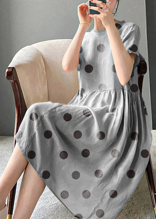 Brief Grey polka dots O-Neck Patchwork cotton blend Dress Short Sleeve
