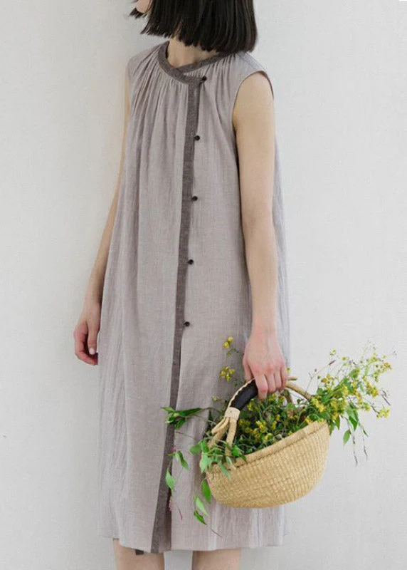 Brief Khaki O-Neck Button Linen Long Dress Sleeveless - Image 3
