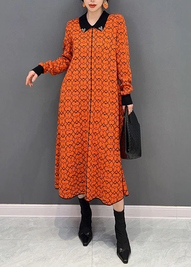 Brief Orange Peter Pan Collar Print Knit Shirt Dress Winter - Image 2