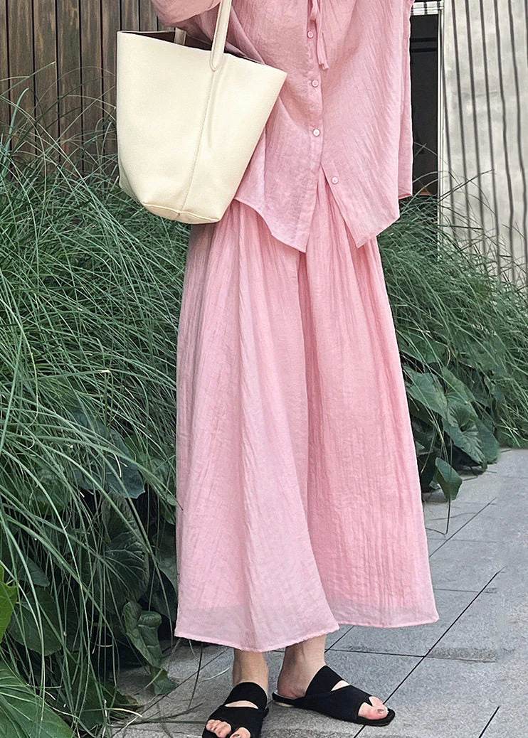 Brief Pink O-Neck Button Shirts And Maxi Skirts Two Pieces Set Lantern Sleeve - Image 3