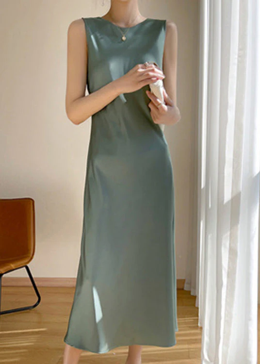 Brief Pink O-Neck Solid Silk Vacation Maxi Dresses Sleeveless - Image 2