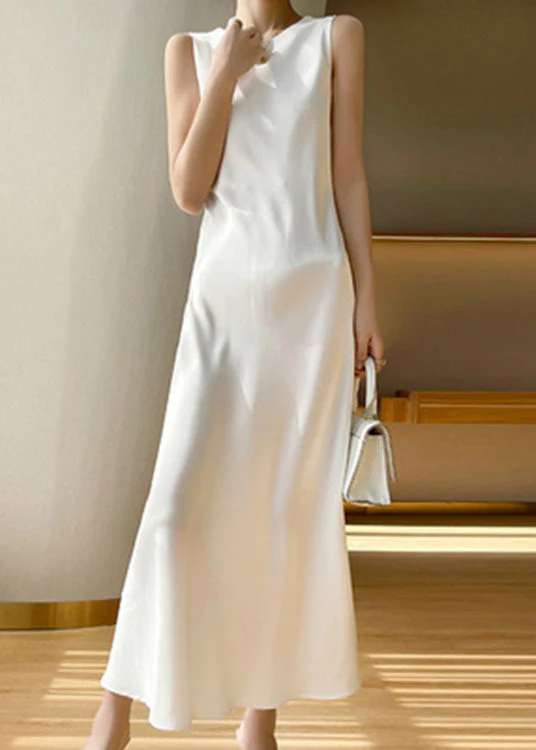 Brief Pink O-Neck Solid Silk Vacation Maxi Dresses Sleeveless - Image 3