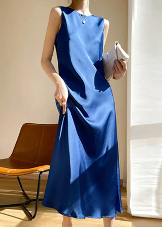 Brief Pink O-Neck Solid Silk Vacation Maxi Dresses Sleeveless - Image 4