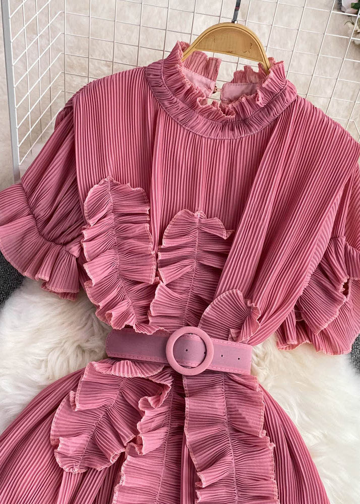 Brief Pink Stand Collar A line Long Dress Flare Sleeve - Image 2