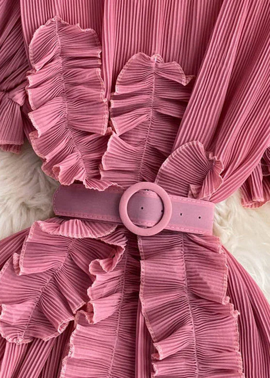 Brief Pink Stand Collar A line Long Dress Flare Sleeve - Image 3