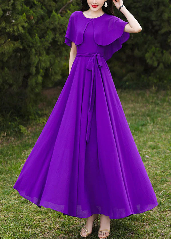 Brief Purple O-Neck Patchwork Tie Waist Chiffon Holiday Maxi Dresses Short Sleeve - Image 3