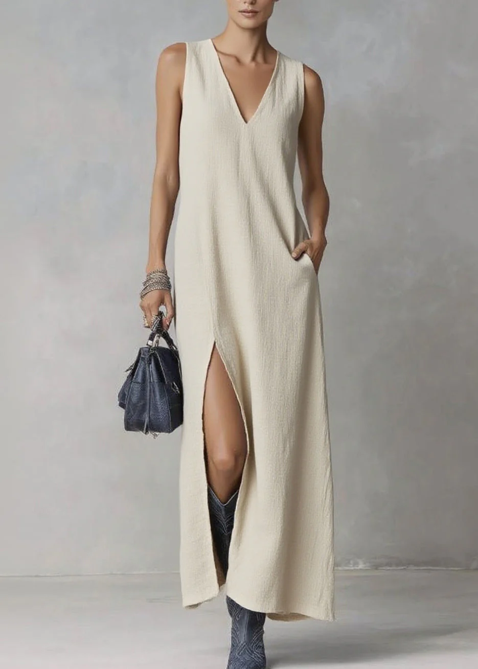 Brief Ramie V Neck Pockets Patchwork Solid Maxi Dresses Summer - Image 3