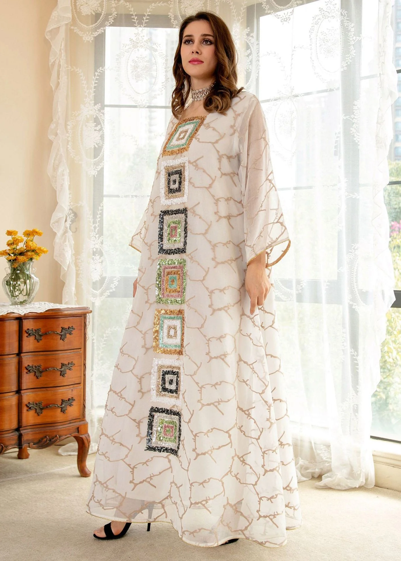 Brief White O-Neck Embroideried Floral Tulle Maxi Dress Long Sleeve - Image 3