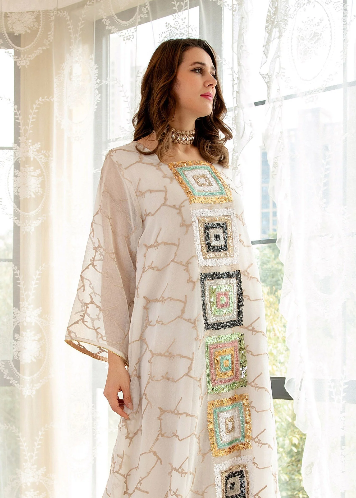 Brief White O-Neck Embroideried Floral Tulle Maxi Dress Long Sleeve - Image 4