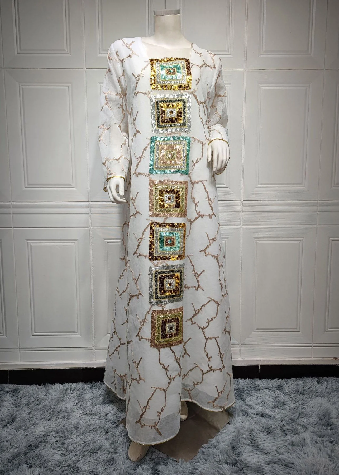 Brief White O-Neck Embroideried Floral Tulle Maxi Dress Long Sleeve - Image 5