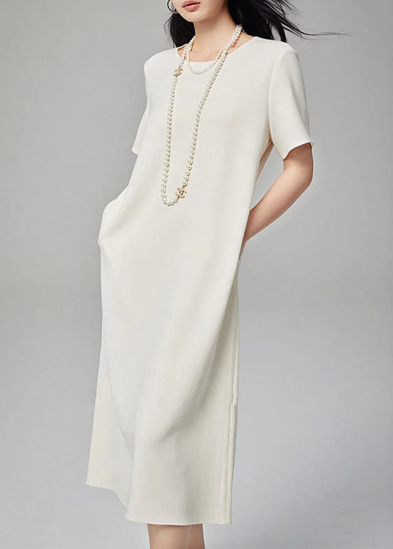 Brief White O-Neck Patchwork Pockets Long Dresses Short Sleeve