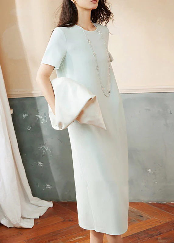 Brief White O-Neck Patchwork Pockets Long Dresses Short Sleeve - Image 4