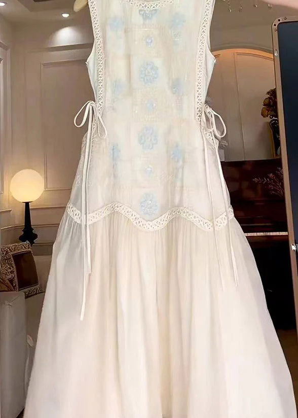 Brief White O-Neck Print Tie Waist Maxi Dress Sleeveless - Image 4