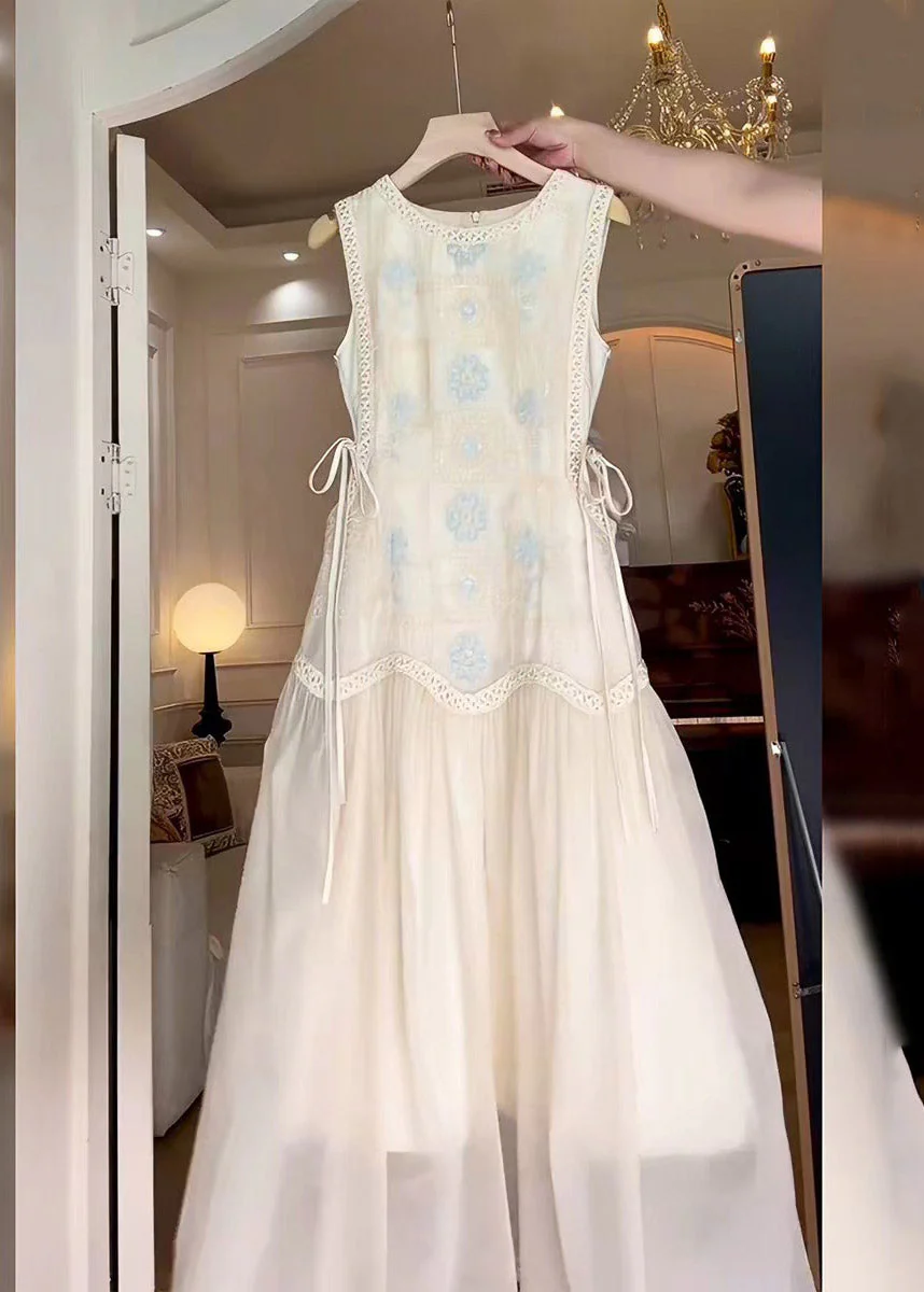 Brief White O-Neck Print Tie Waist Maxi Dress Sleeveless - Image 5