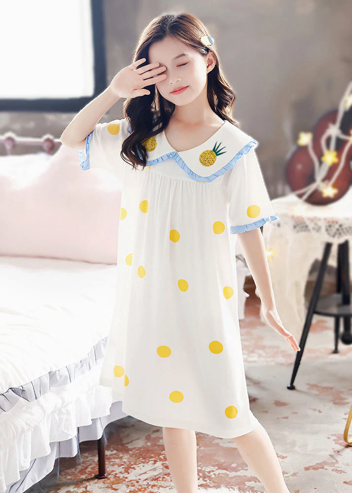 Brief White Peter Pan Collar Print Cozy Cotton Girls Maxi Dresses Short Sleeve - Image 2