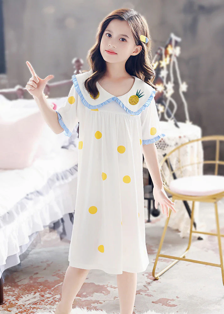 Brief White Peter Pan Collar Print Cozy Cotton Girls Maxi Dresses Short Sleeve - Image 3