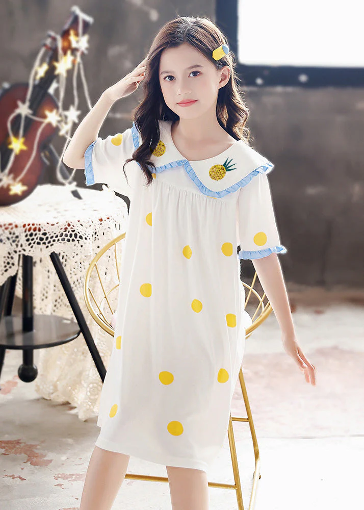 Brief White Peter Pan Collar Print Cozy Cotton Girls Maxi Dresses Short Sleeve - Image 4