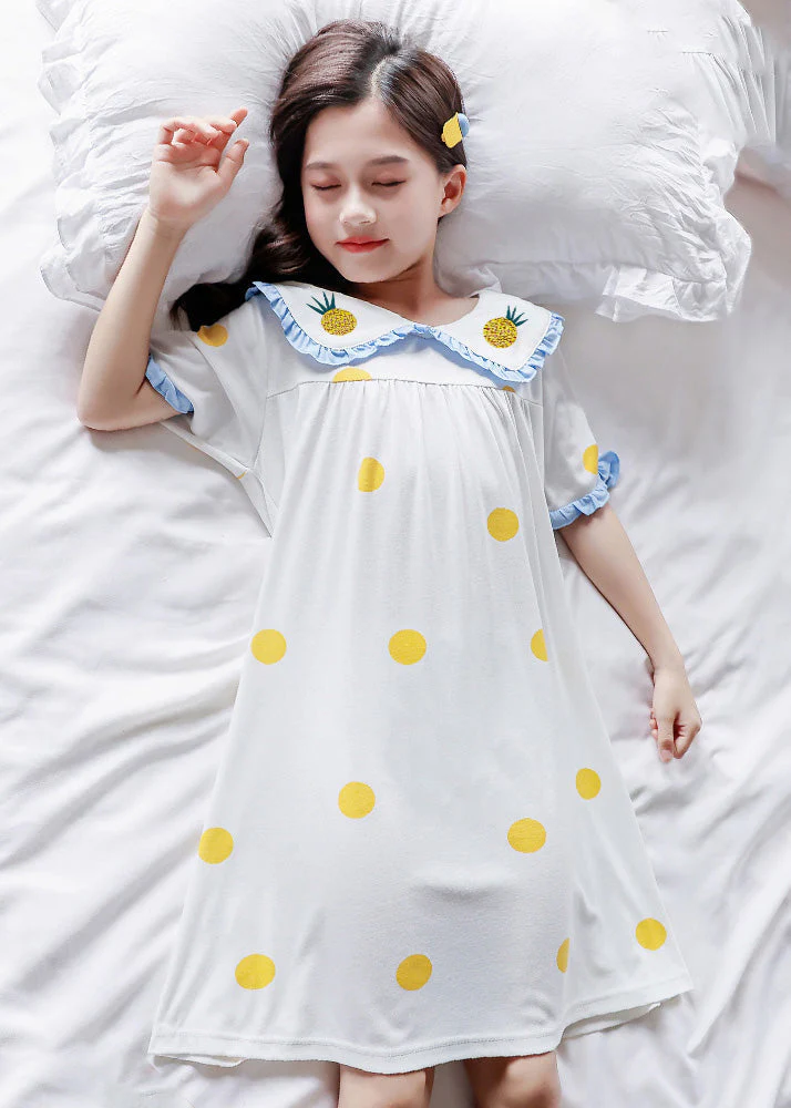 Brief White Peter Pan Collar Print Cozy Cotton Girls Maxi Dresses Short Sleeve - Image 5