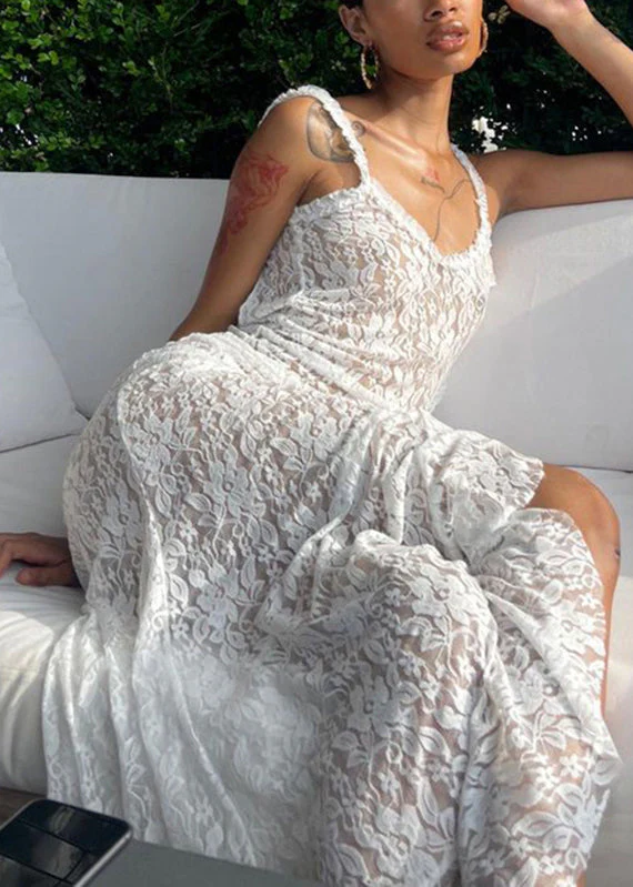 Brief White Print Side Open Lace Long Spaghetti Strap Dress Summer - Image 3