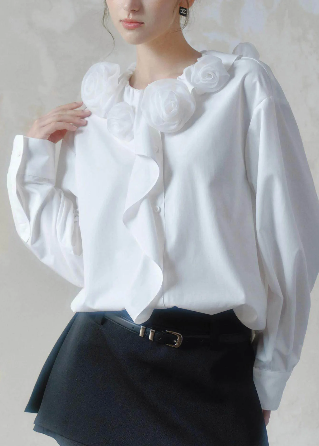 Brief White Ruffled Floral Shirts Long Sleeve - Image 3