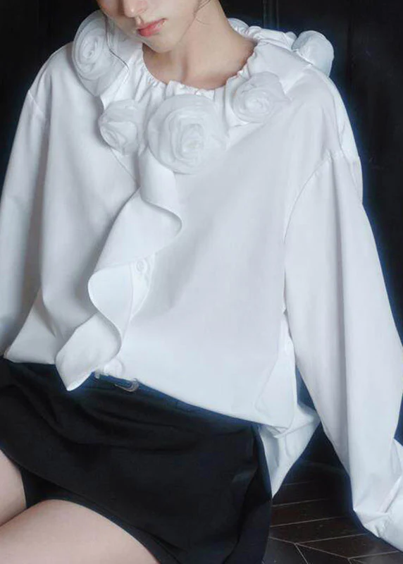 Brief White Ruffled Floral Shirts Long Sleeve - Image 4
