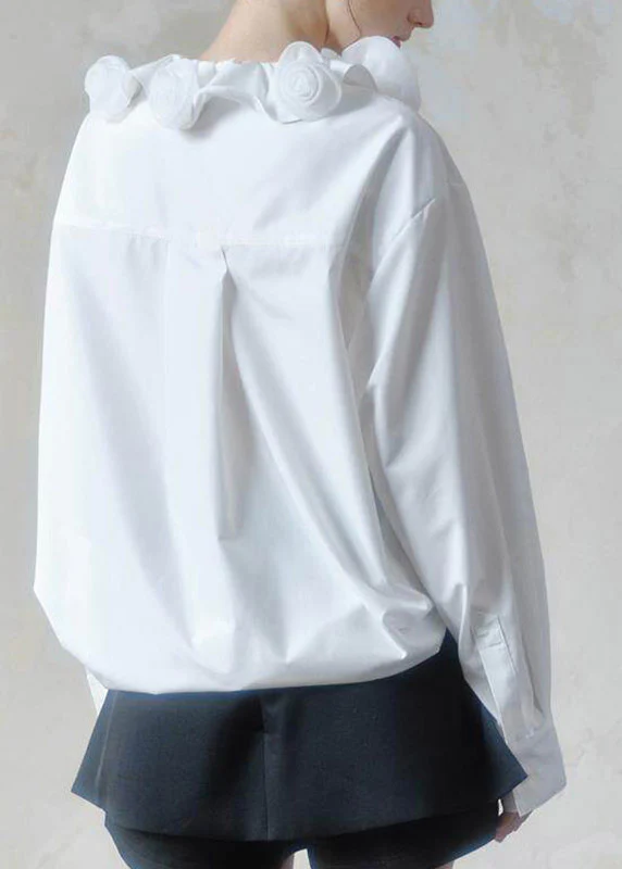 Brief White Ruffled Floral Shirts Long Sleeve - Image 5