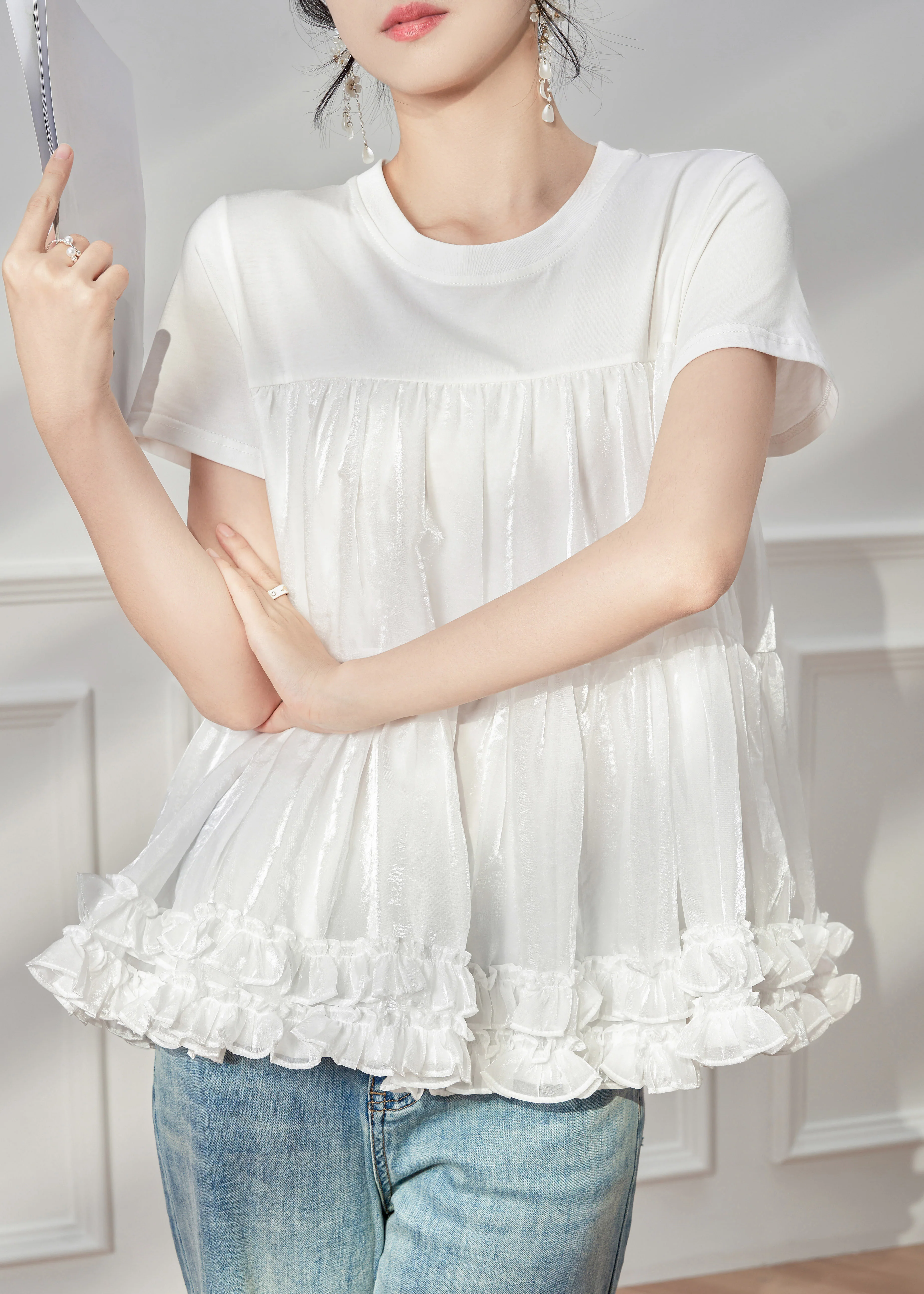 Brief White Ruffled T Shirt Tulle Patchwork Short Sleeve - Image 3