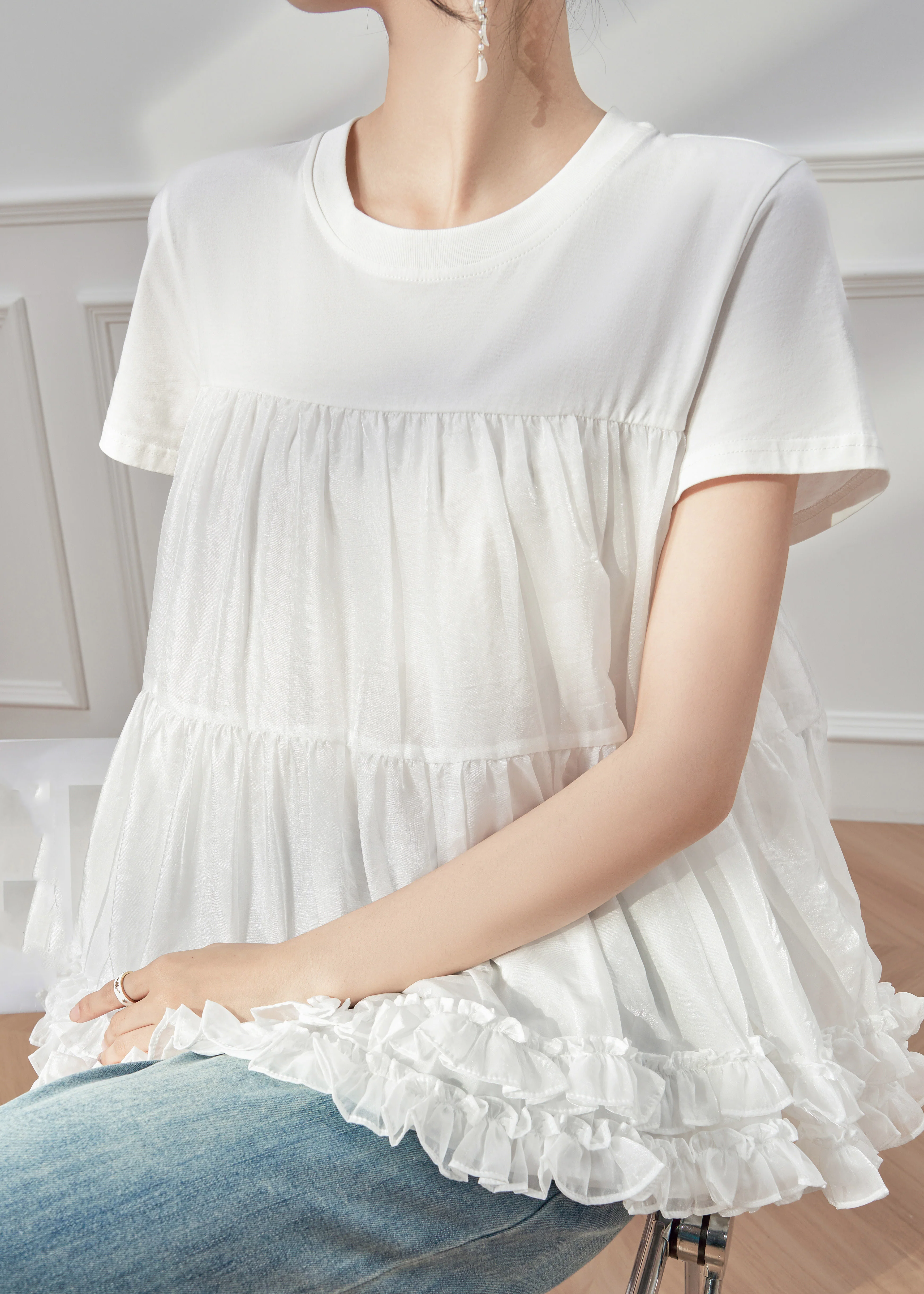 Brief White Ruffled T Shirt Tulle Patchwork Short Sleeve - Image 4